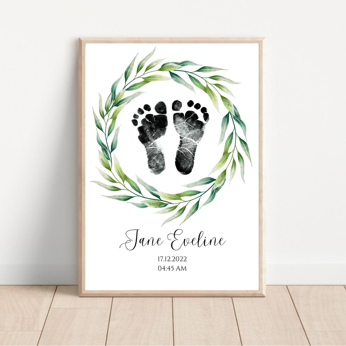 Personalized Baby Footprint Birth Print Green Leaf Wreath Poster