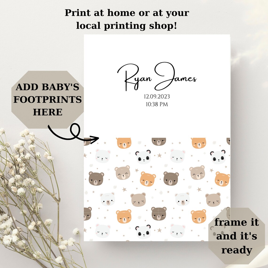 Personalised Baby Footprint Birth Print Teddy Bear Nursery Wall Poster - Image 2