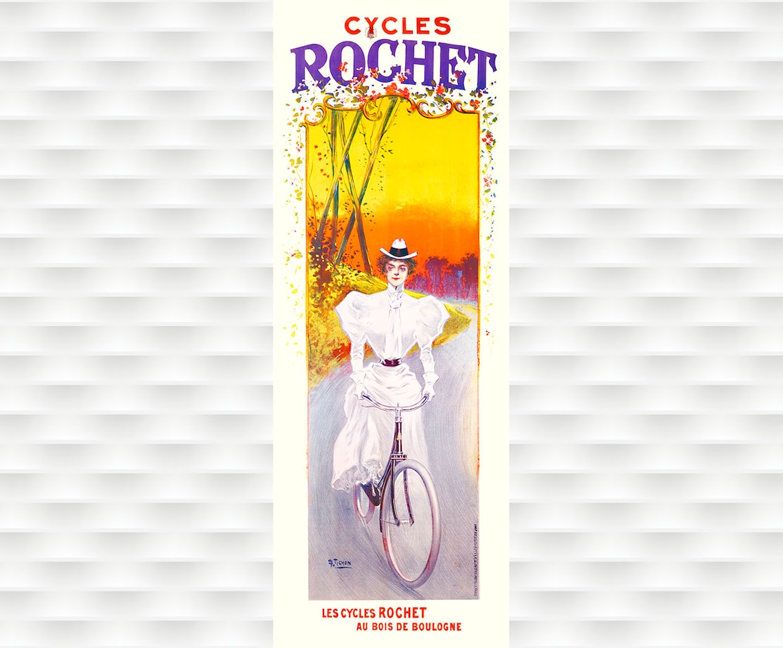 Cycles Rochet Woman White Dress Sunset Bicycle Ride Vintage Poster