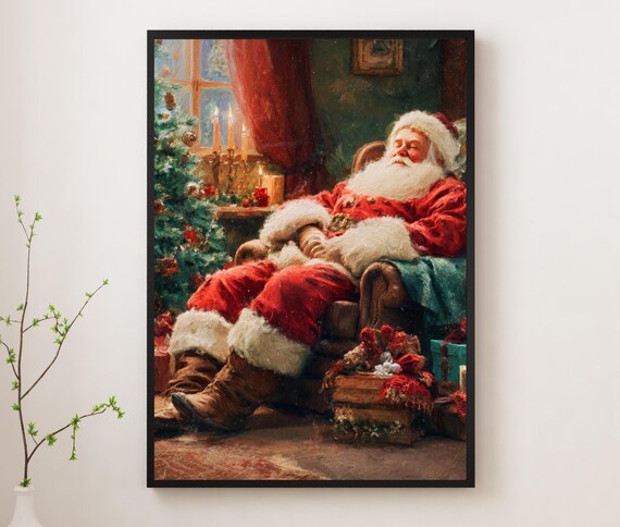 Cozy Sleeping Santa in Armchair by Christmas Tree Vintage Poster