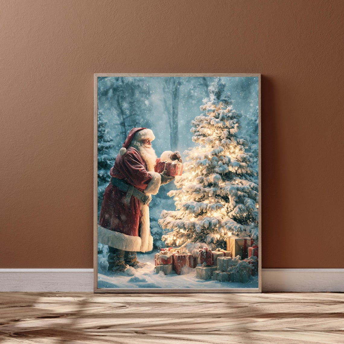 Santa Placing Gifts Under Snowy Christmas Tree in Forest Poster