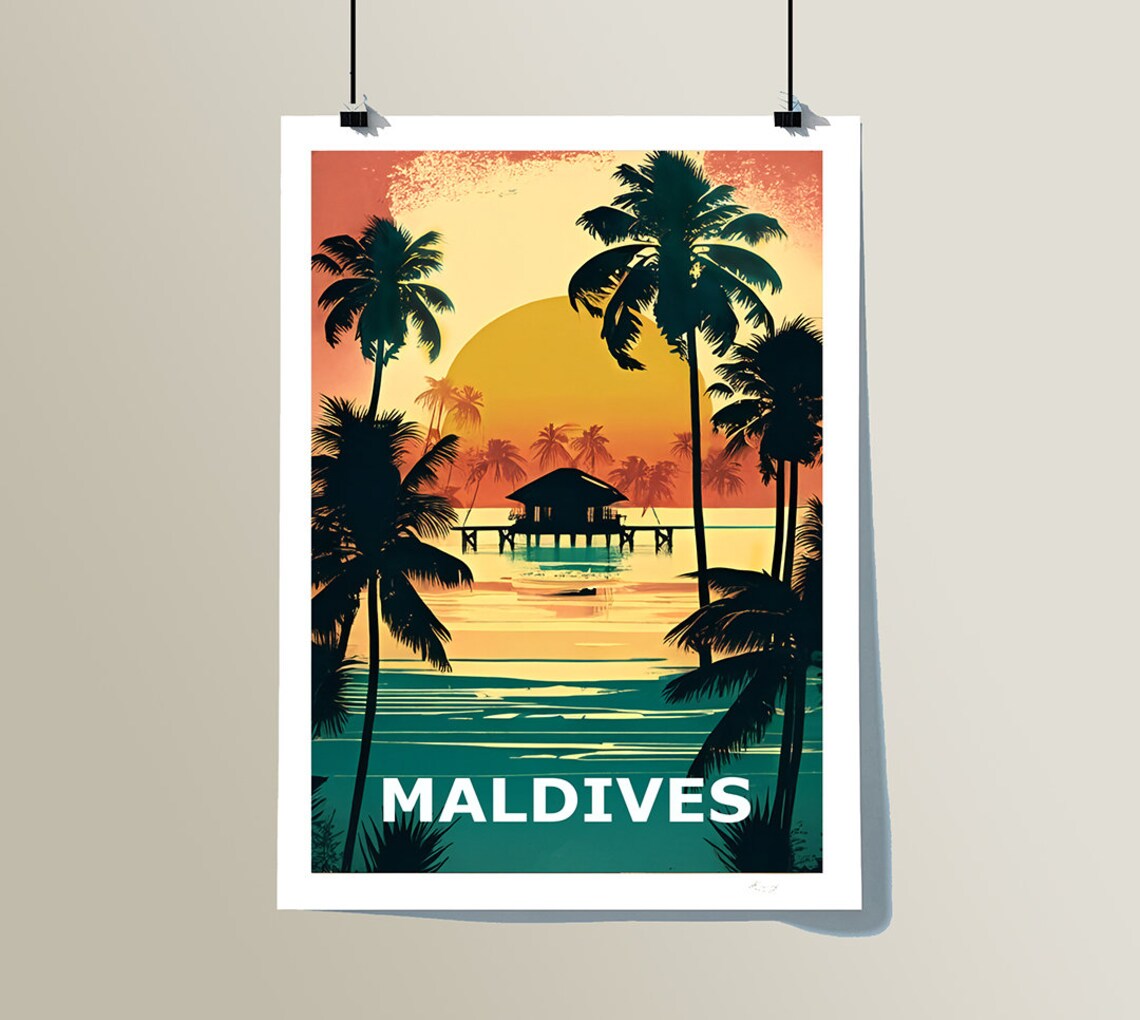 Maldives Beach Palm Trees and Bungalow Travel Poster - Image 2