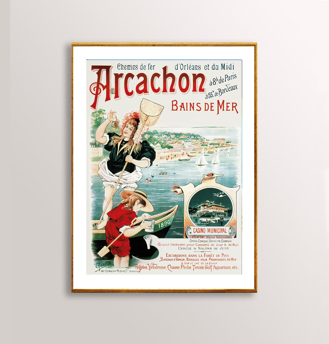 Arcachon Bains de Mer 1896 Railway Poster with Beach and Casino
