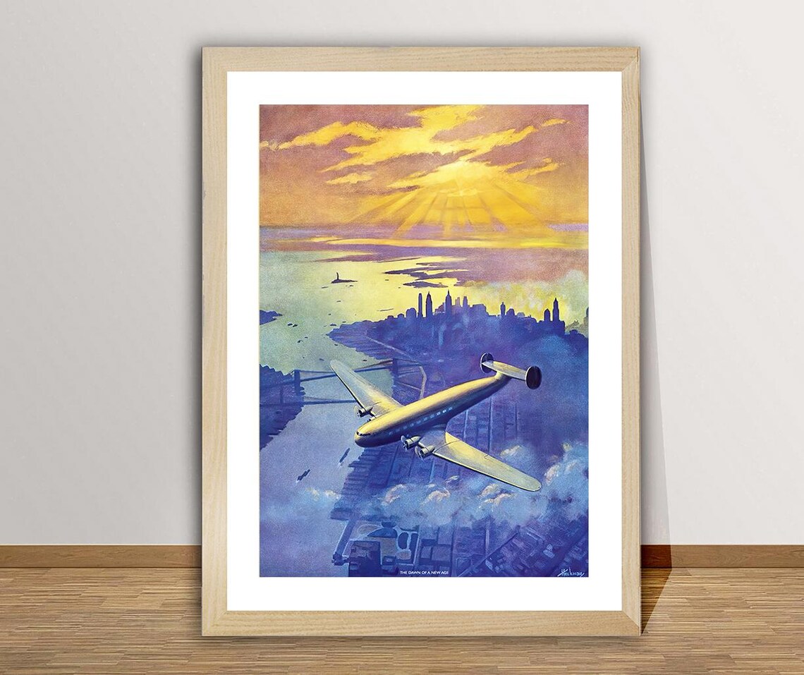 The Dawn of a New Day Airplane New York Skyline Vintage Travel Poster - Image 2