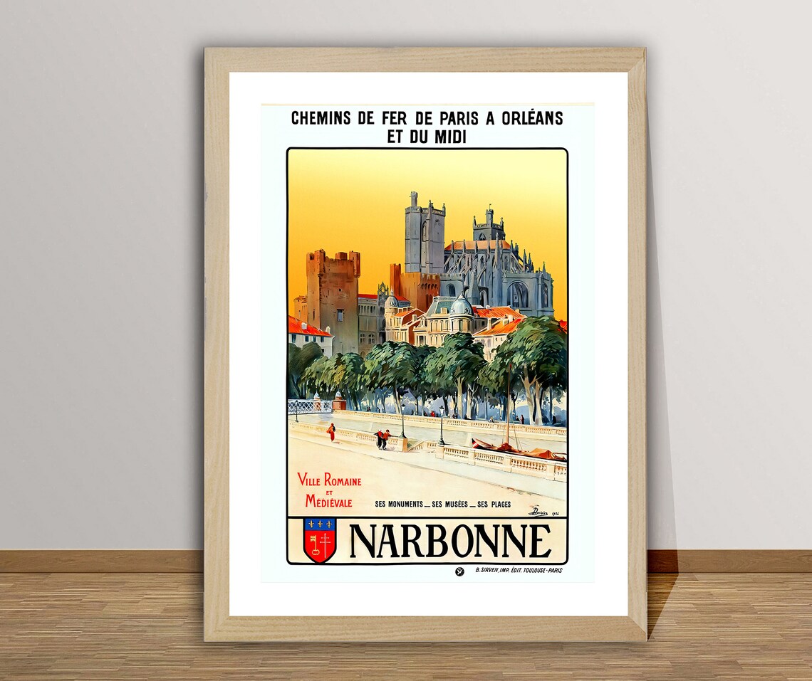 Narbonne France Roman Medieval Canal City Vintage Travel Poster