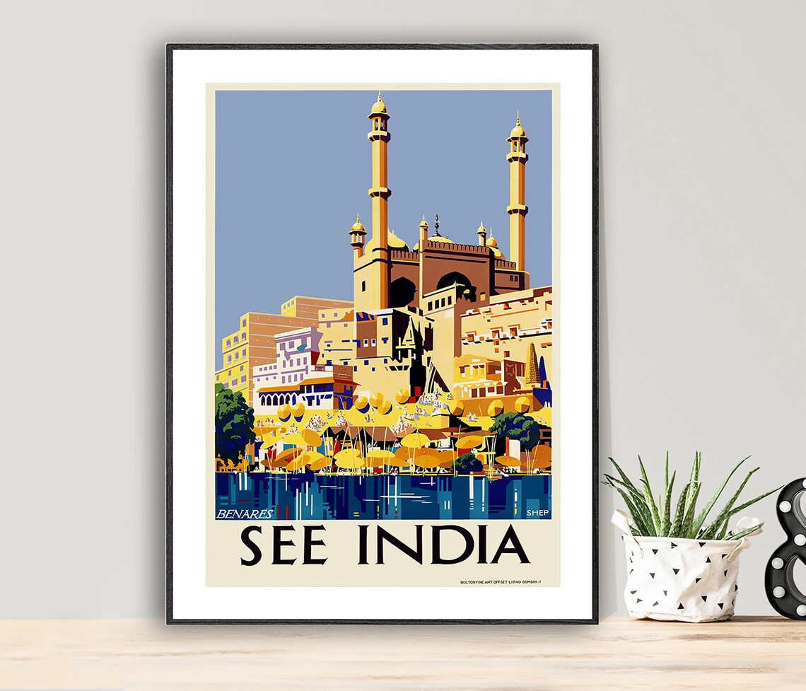 See India Benares Varanasi Ghats Vintage India Travel Poster