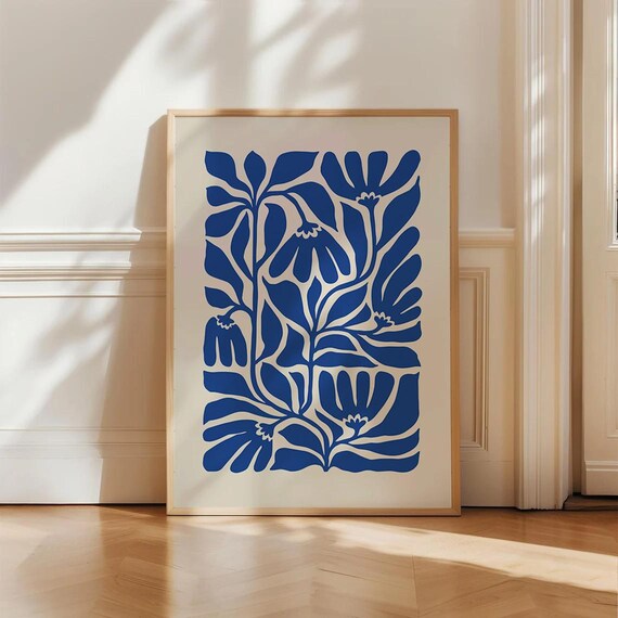 Blue Abstract Wall Art Print Matisse Inspired Modern Poster Bold Boho Colorful For Living Room Decor