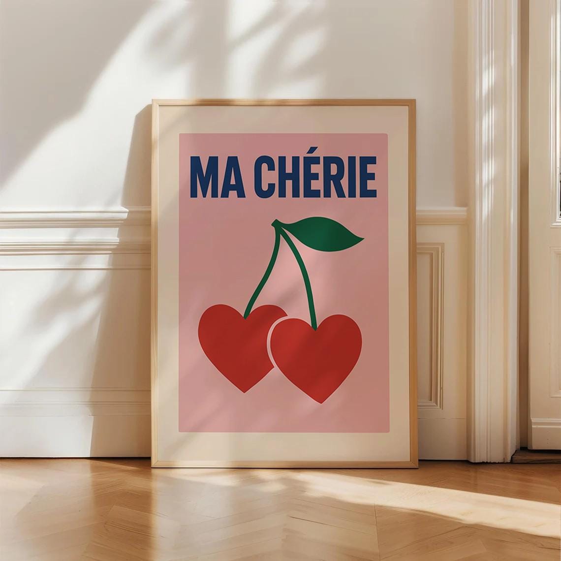 Ma Cherie Red Heart Cherries Retro French Kitchen Pink Poster