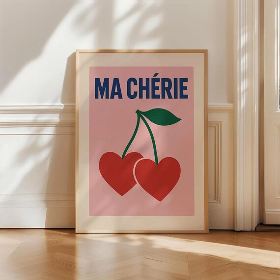 Ma Cherie Red Heart Cherries Retro French Kitchen Pink Poster