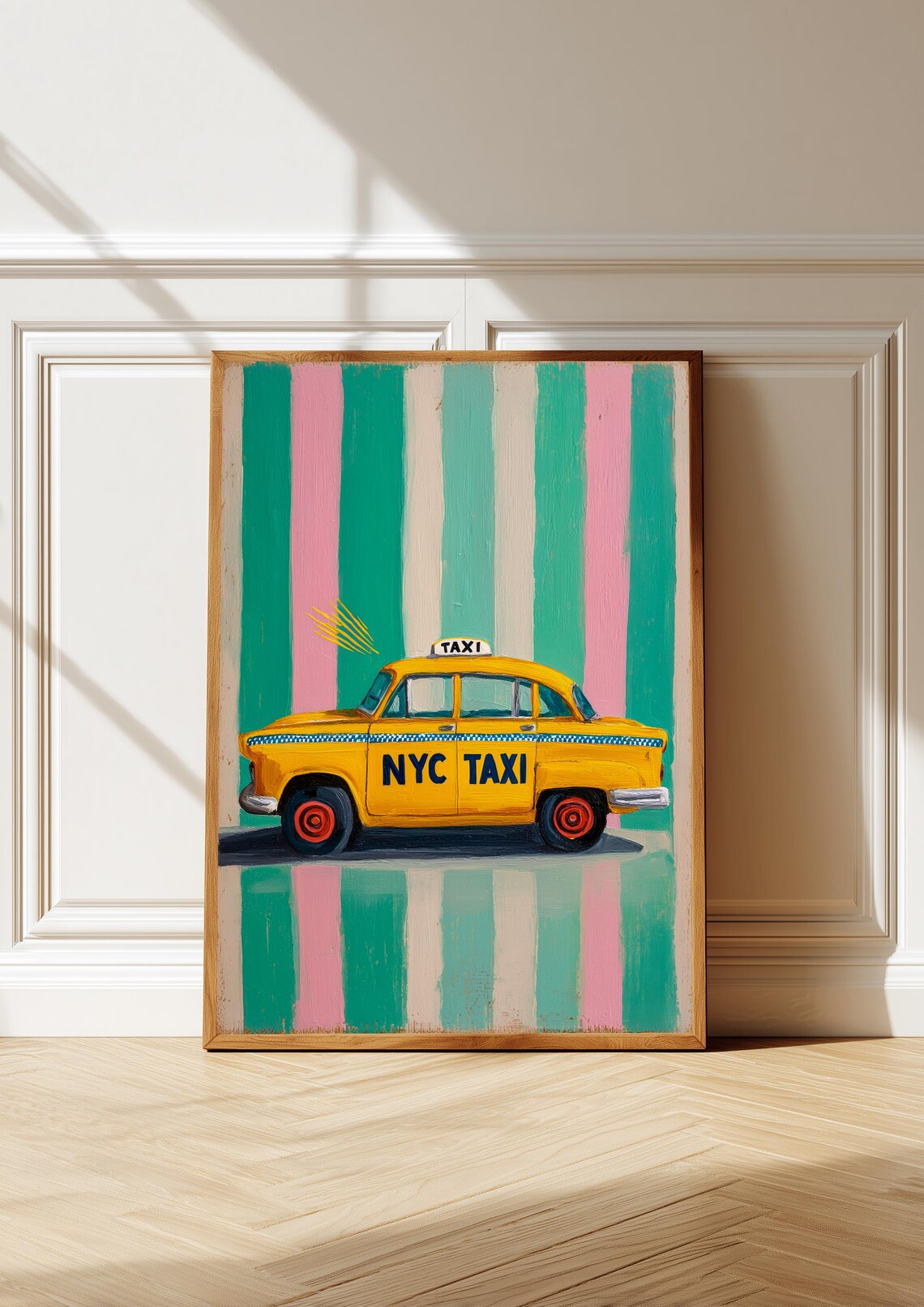 Vintage NYC Yellow Taxi Cab Retro Checker Striped City Street Poster