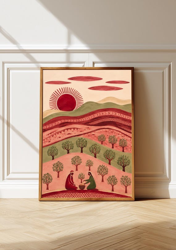 Palestine Folk Art Print Olive Tree Village Artwork Terracotta Earthy Decor