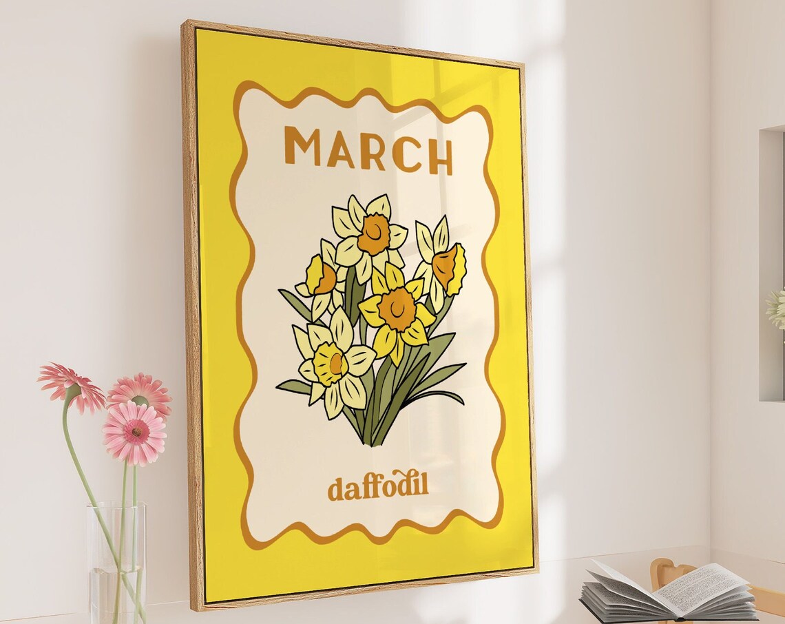 March Daffodil Birth Flower Yellow Retro Floral Birthday Poster