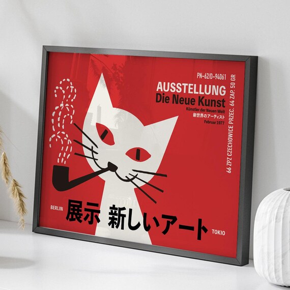 Die Neue Kunst Berlin Tokio Cat Exhibition 1977 Vintage Red Art Poster