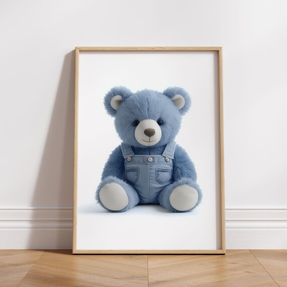 Adorable Blue Teddy Bear in Denim Overalls Sweet Nursery Poster
