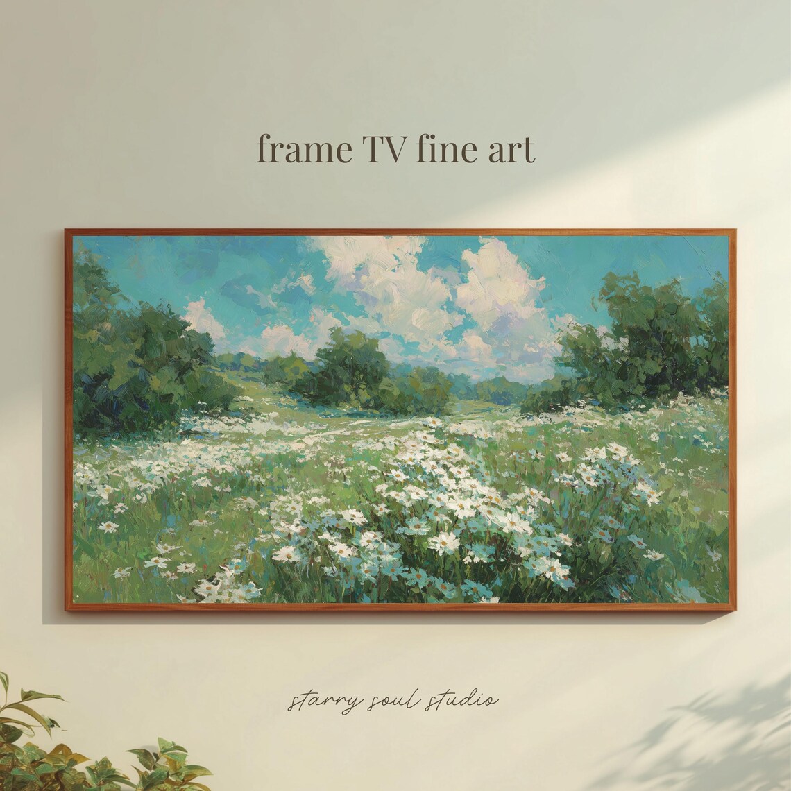 White Daisy Wildflower Meadow Sunny Field Oil Painting TV Art Poster