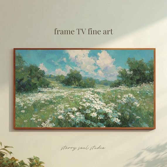 White Daisy Wildflower Meadow Sunny Field Oil Painting TV Art Poster