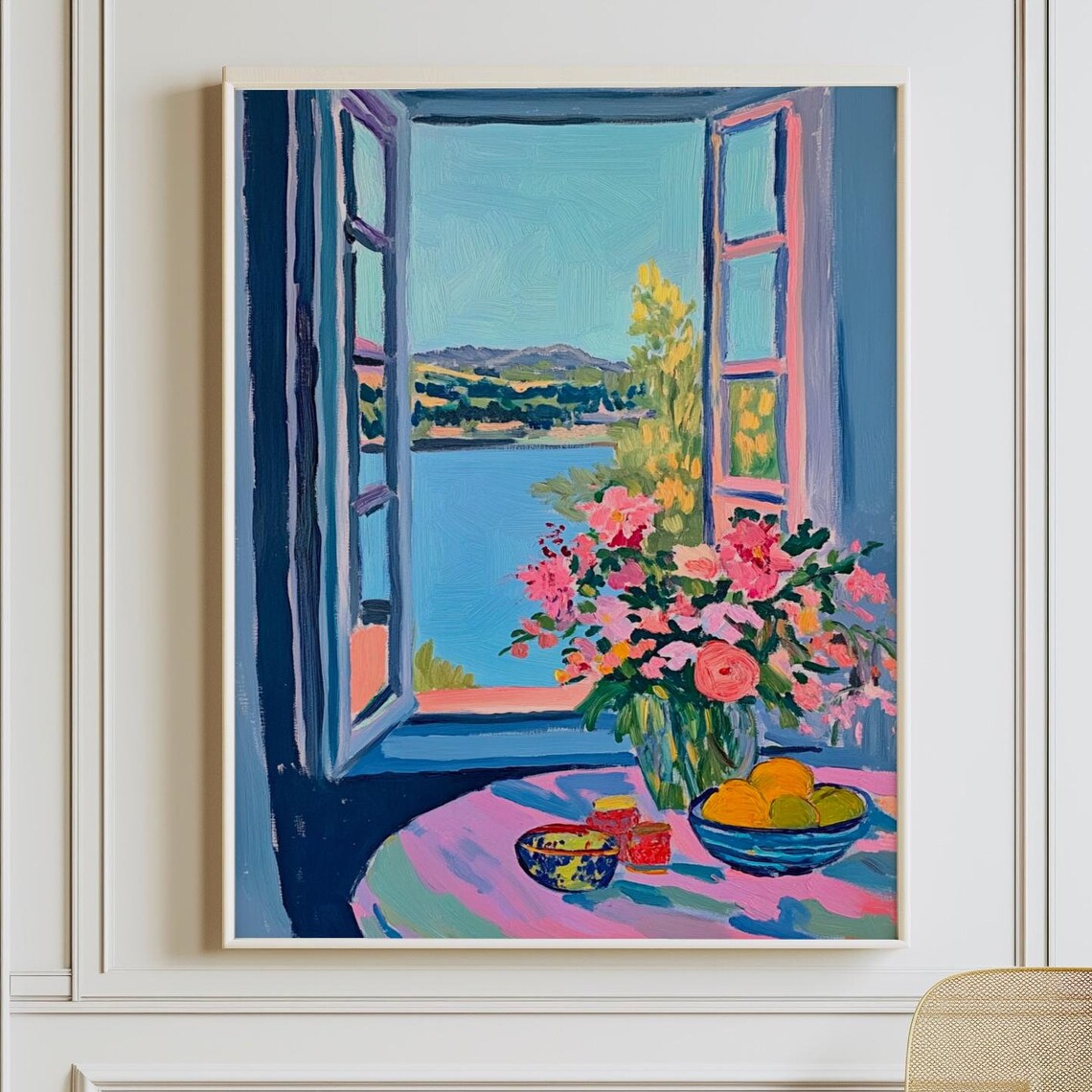 Open Window Painting With Flowers Fruit And Lake View Matisse Style Poster