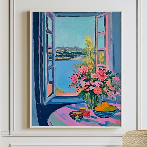 Open Window Painting With Flowers Fruit And Lake View Matisse Style Poster