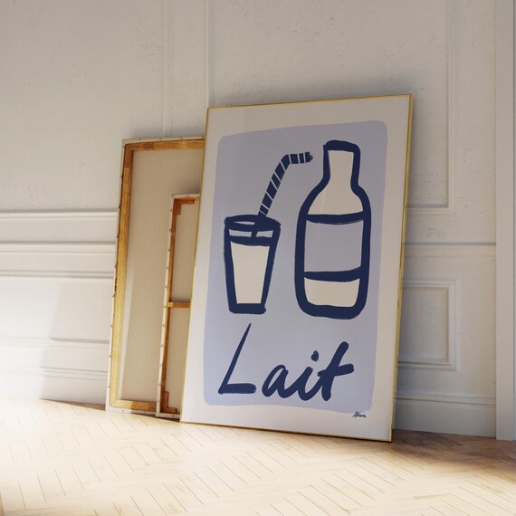 Lait Milk Bottle and Glass Navy Hand Drawn French Kitchen Art Print