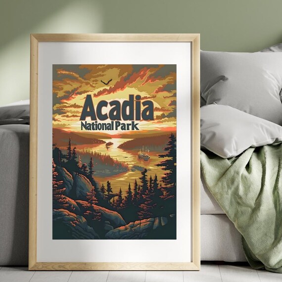 Acadia National Park Sunset Coast Maine Vintage Travel Poster
