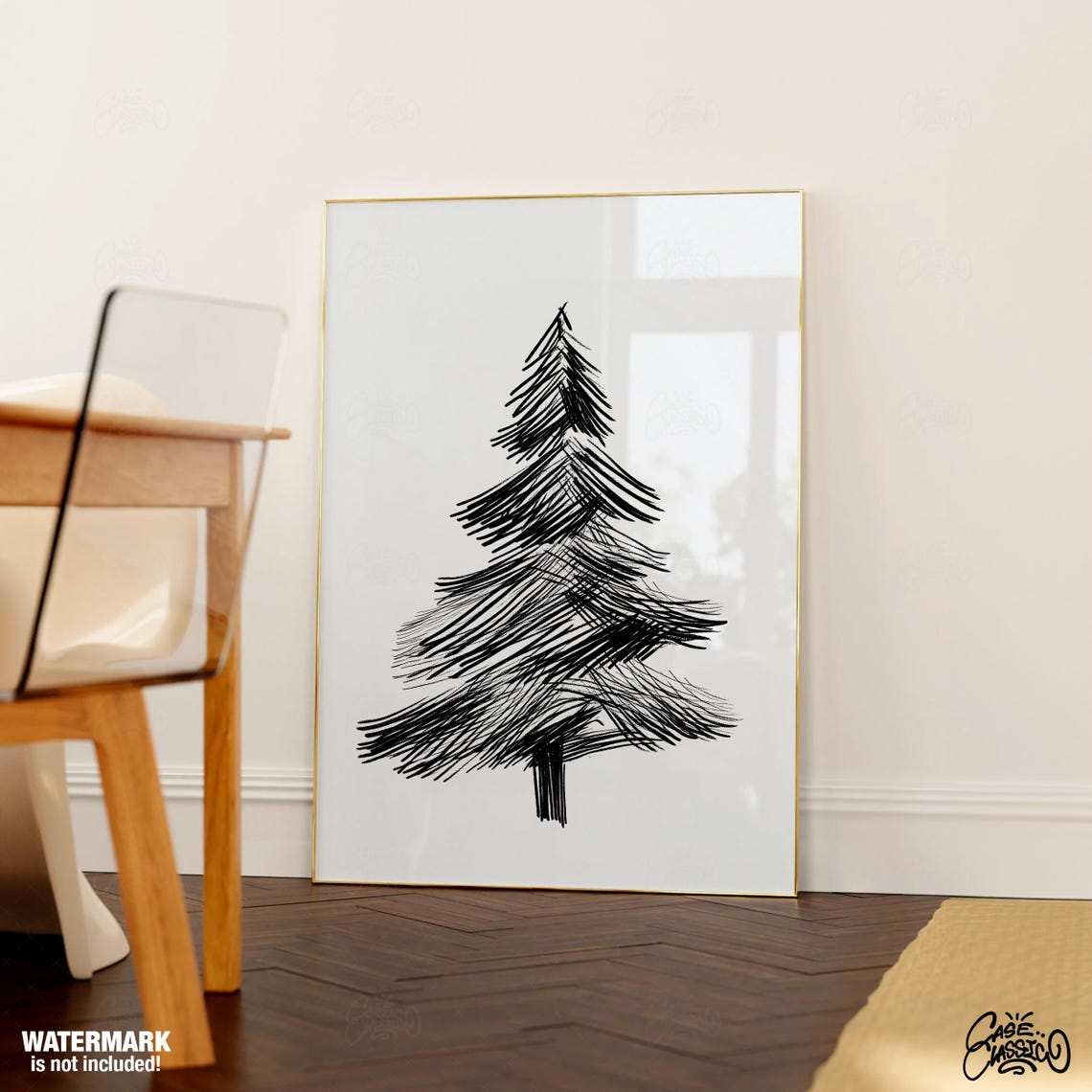 Minimalist Black Pine Tree Sketch Line Drawing Modern Poster