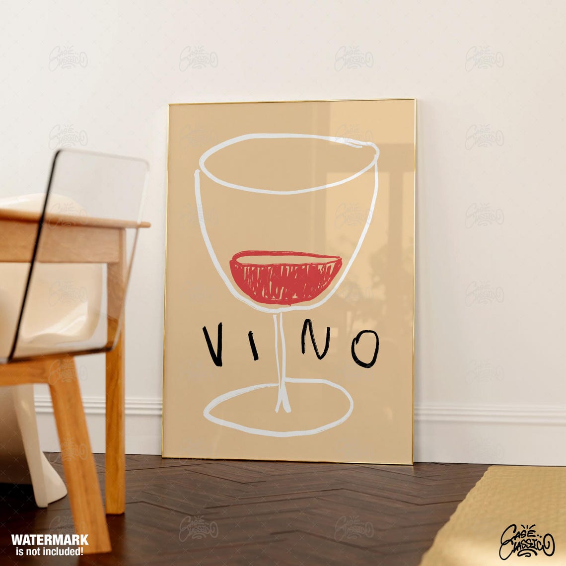 Vino Wine Glass Hand Drawn Illustration Beige Minimalist Bar Poster