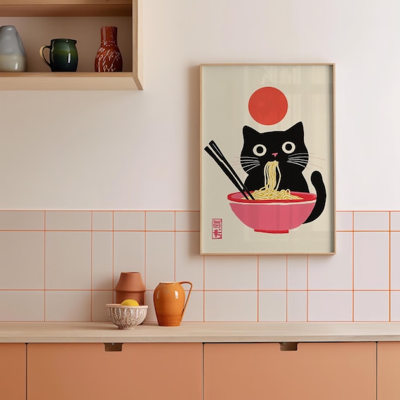 Black Cat Eating Ramen Noodles Japanese Style Kitchen Illustration Poster