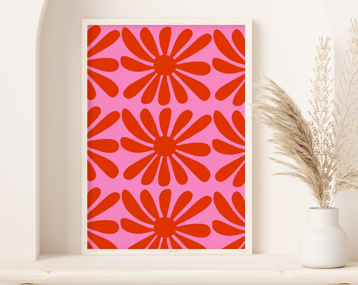 Red Orange Daisy Pattern on Hot Pink Retro Floral Grid Poster - Image 3
