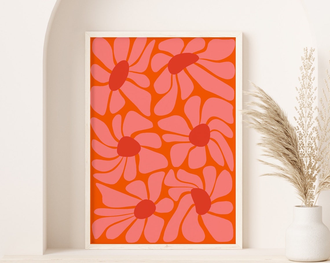 Bold Retro Floral Poster With Pink Daisies on Bright Orange Background - Image 2