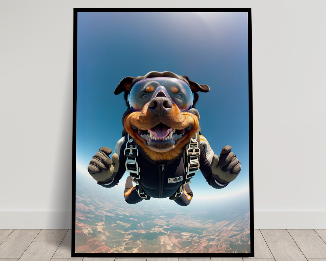 Rottweiler Skydiving With Helmet And Goggles Epic Freefall Dog Poster