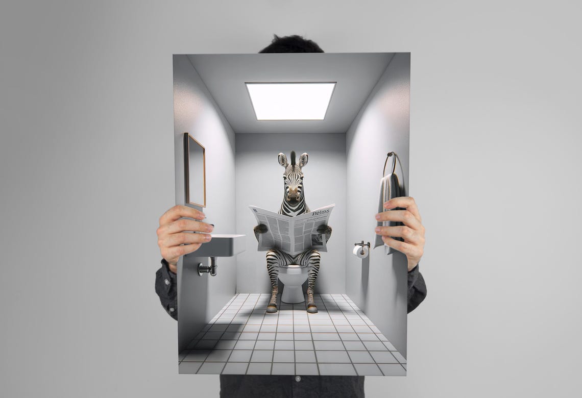 Zebra Reading the Newspaper on the Toilet Funny Bathroom Poster - Image 3