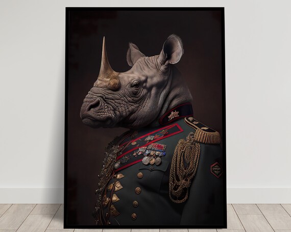 Rhinoceros General in Decorated Military Uniform Portrait Animal Poster