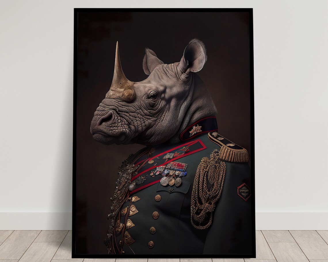Rhinoceros General in Decorated Military Uniform Portrait Animal Poster