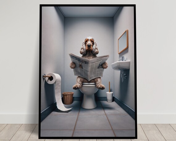 English Cocker Spaniel Reading Newspaper on the Toilet Poster
