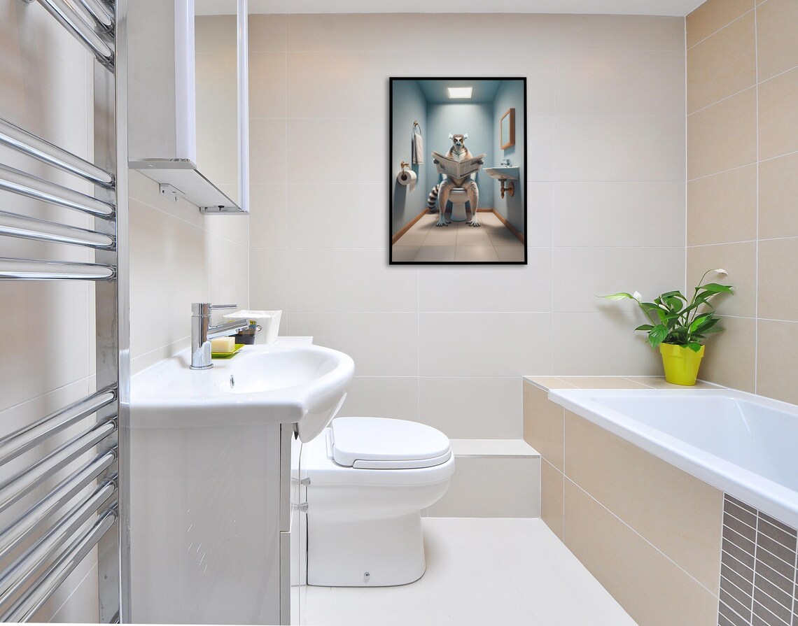 Lemur Reading the Newspaper on the Toilet in a Blue Bathroom Poster - Image 2