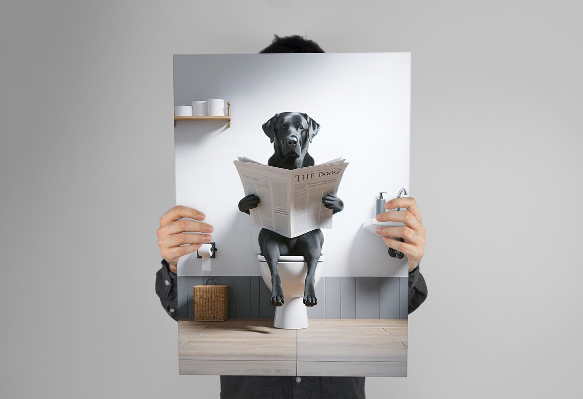 Funny Black Lab Reading Newspaper On Toilet Bathroom Dog Humor Poster - Image 3