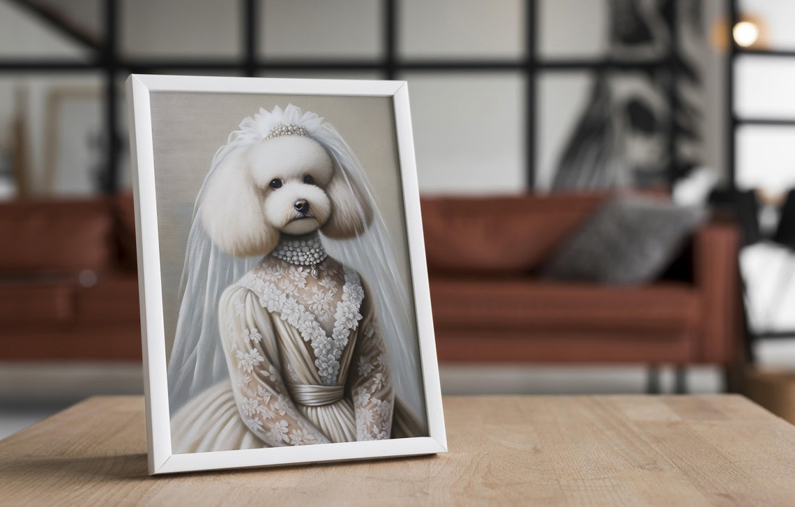 White Poodle Bride in Lace Wedding Gown Veil and Pearl Necklace Poster - Image 4
