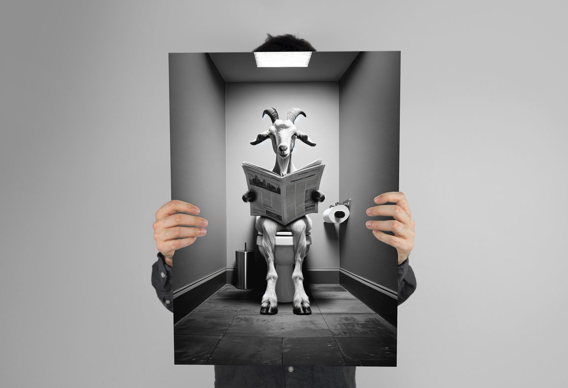 Goat Reading Newspaper On Toilet Black And White Funny Bathroom Poster - Image 2