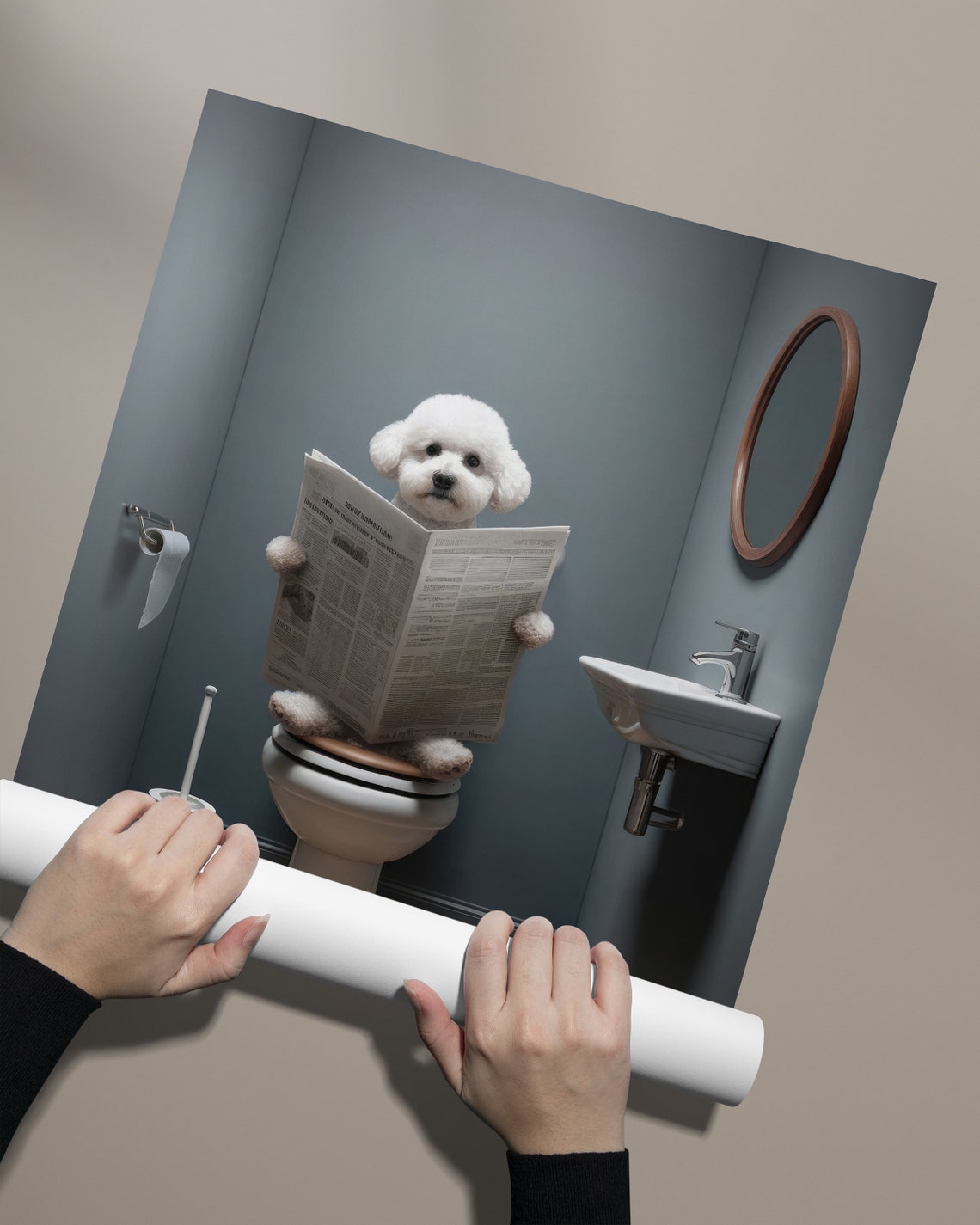 Bichon Frise Reading the Newspaper on the Toilet Funny Poster - Image 2