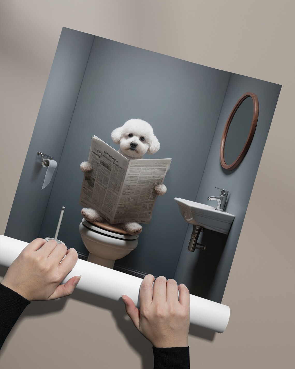 Photograph Of A Bichon Fris Reading The Newspaper On The Toilet Funny Bathroom Decor Bathroom Wall Art Wc Toilet Poster Gag Gift - Image 2
