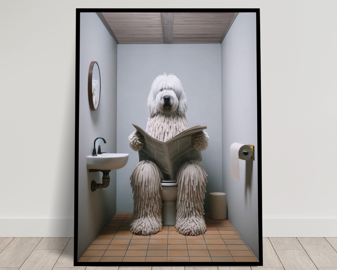 Photograph Of A Komondor Dog Reading The Newspaper On The Toilet Funny Bathroom Decor Bathroom Wall Art Wc Toilet Poster Gag Gift