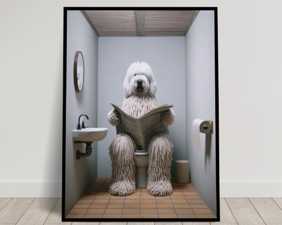 Photograph Of A Komondor Dog Reading The Newspaper On The Toilet Funny Bathroom Decor Bathroom Wall Art Wc Toilet Poster Gag Gift