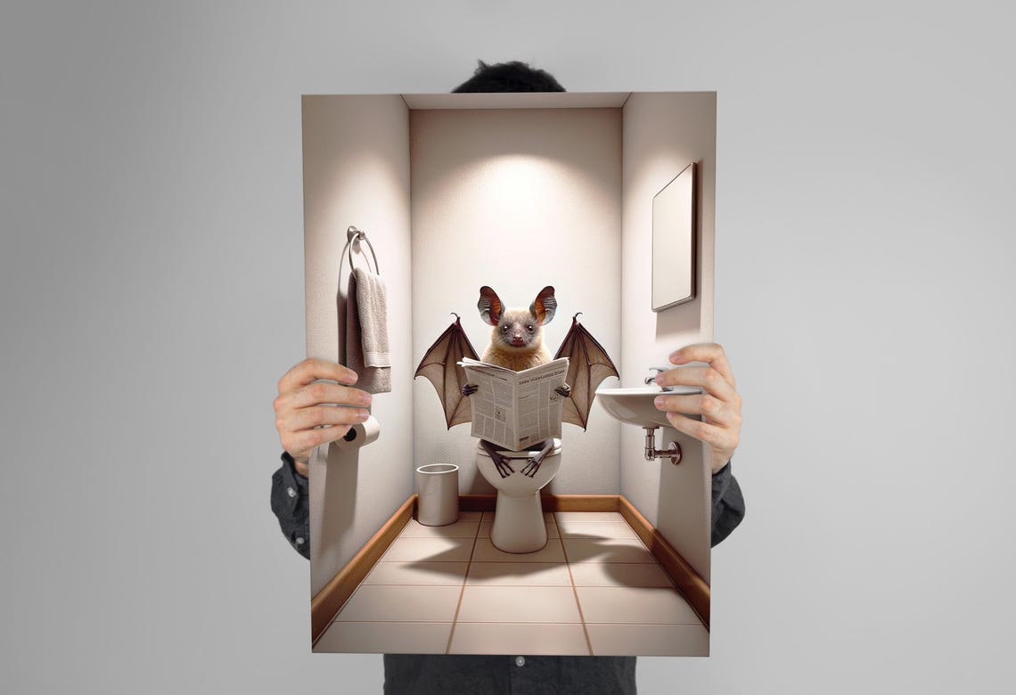 Bat Reading the Newspaper on the Toilet Funny Bathroom Poster - Image 3