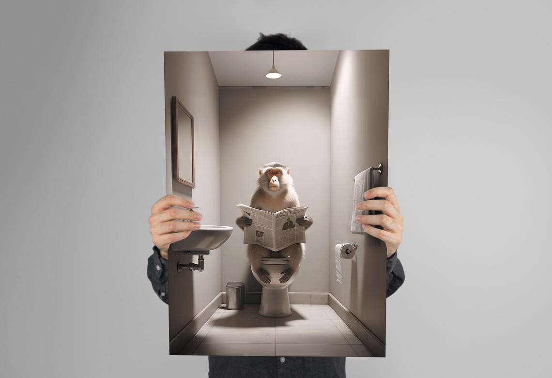 Macaque Monkey Reading the Newspaper on the Toilet Funny Poster - Image 3