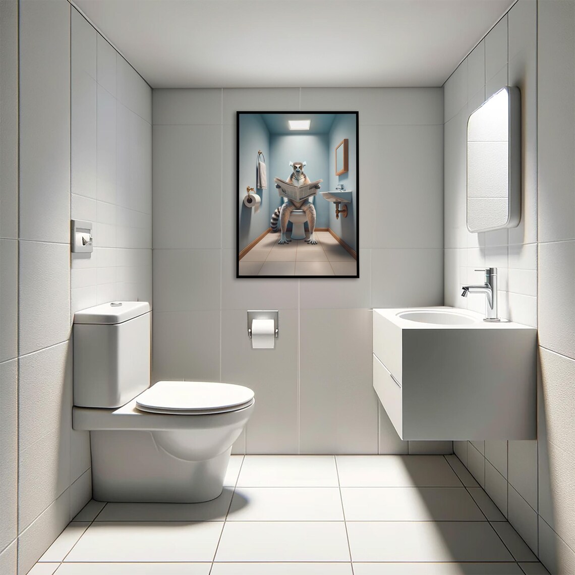 Lemur Reading the Newspaper on the Toilet in a Blue Bathroom Poster - Image 4