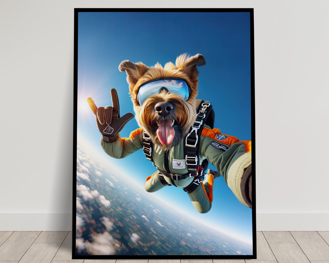 Epic Skydiving Briard Dog With Goggles Blue Sky Adventure Dog Poster