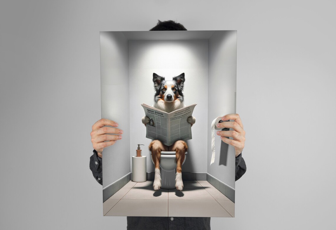 Funny Border Collie On Toilet Reading Newspaper Tri Color Dog Humor Poster - Image 3