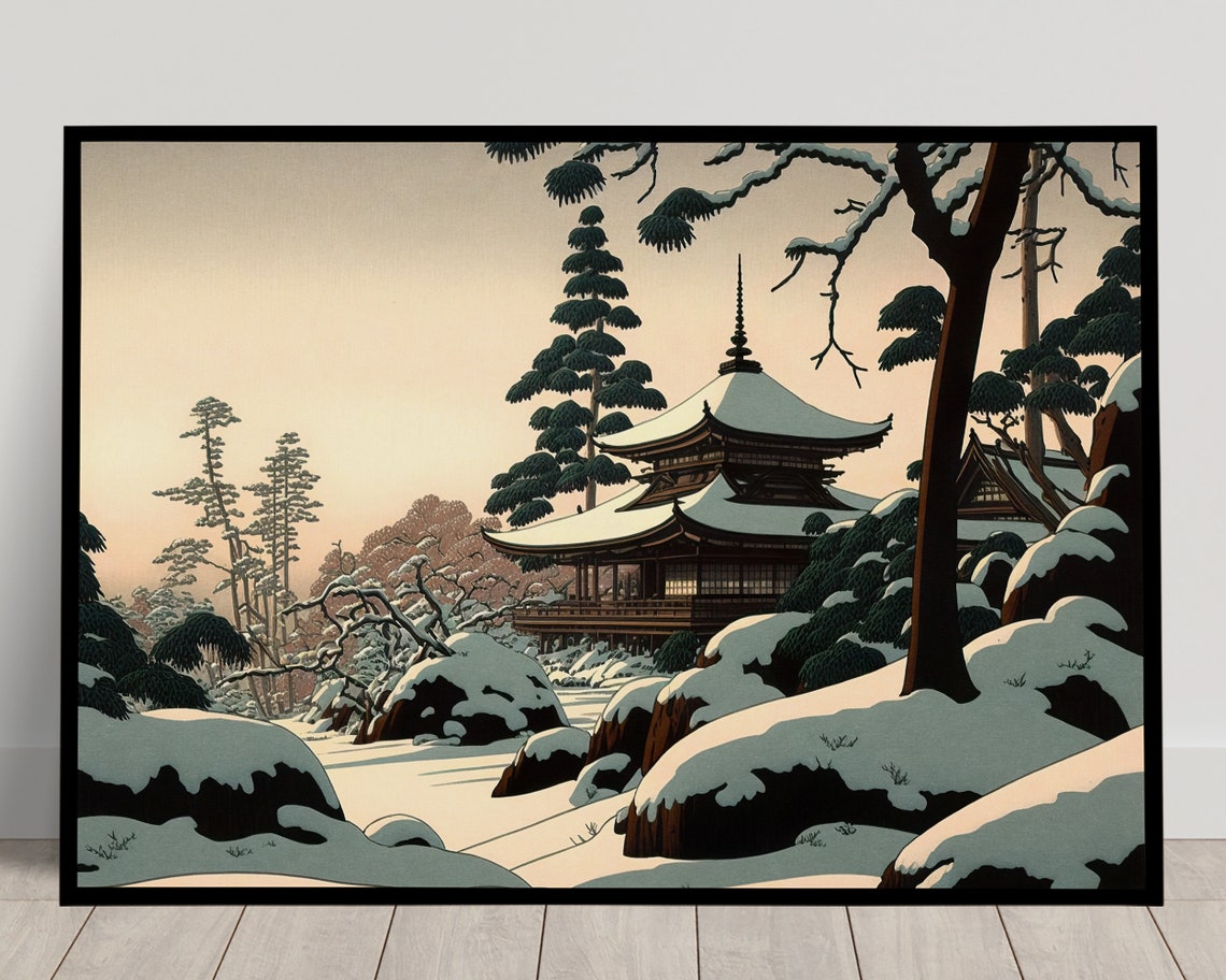 Japanese Temple In Deep Snow Winter Pines Tranquil Art Poster
