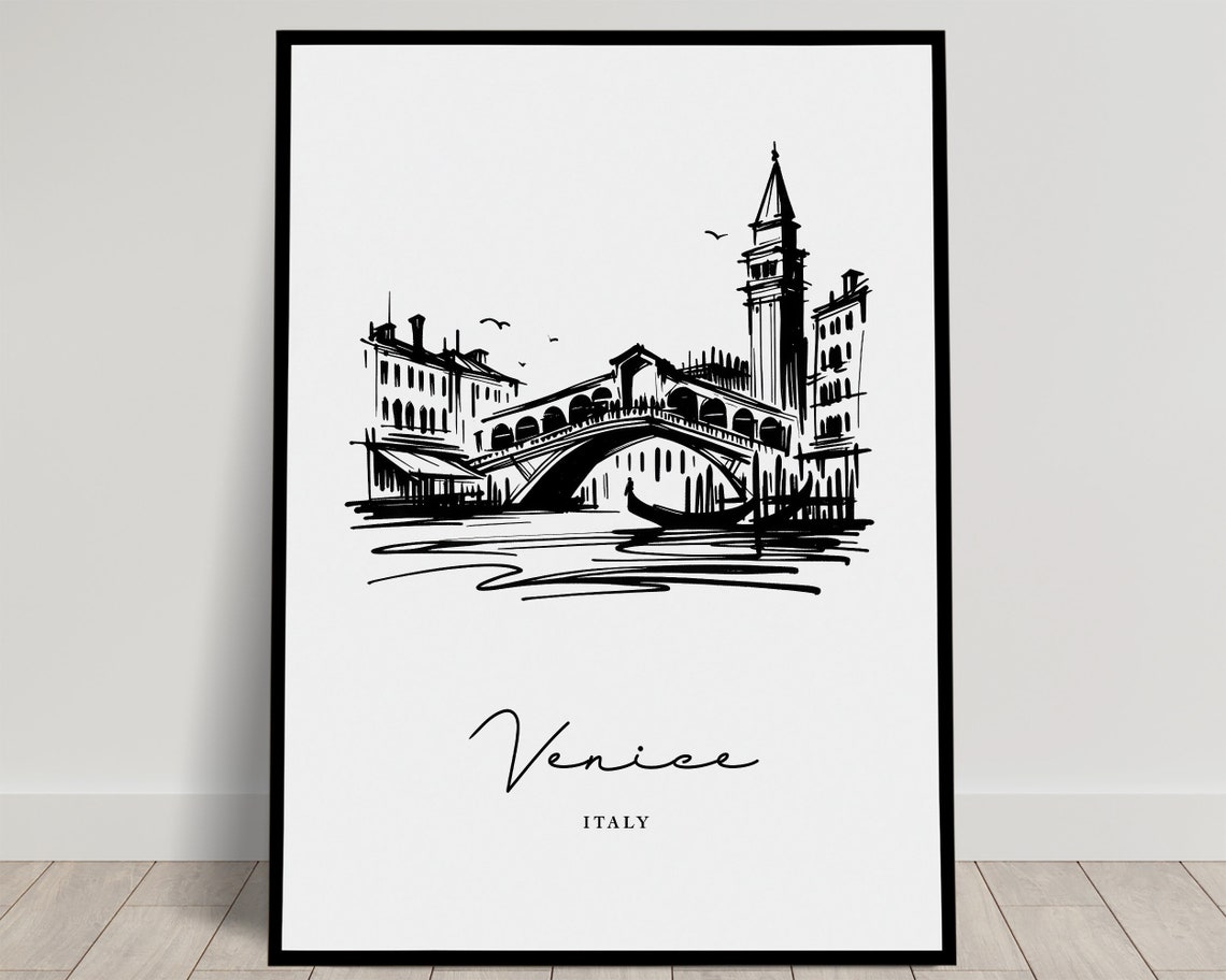 Venice Italy Rialto Bridge Gondola Black and White Sketch Poster