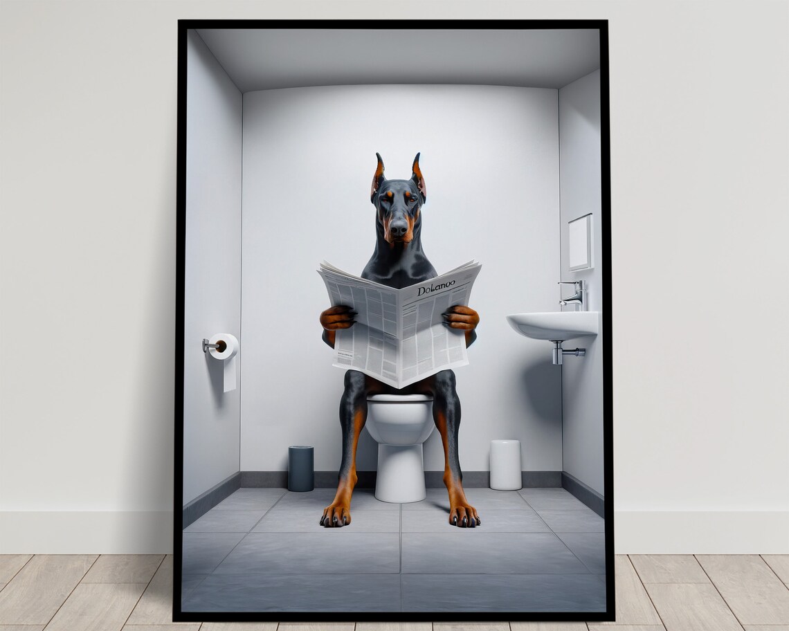 Doberman Reading Newspaper Bathroom Poster Print